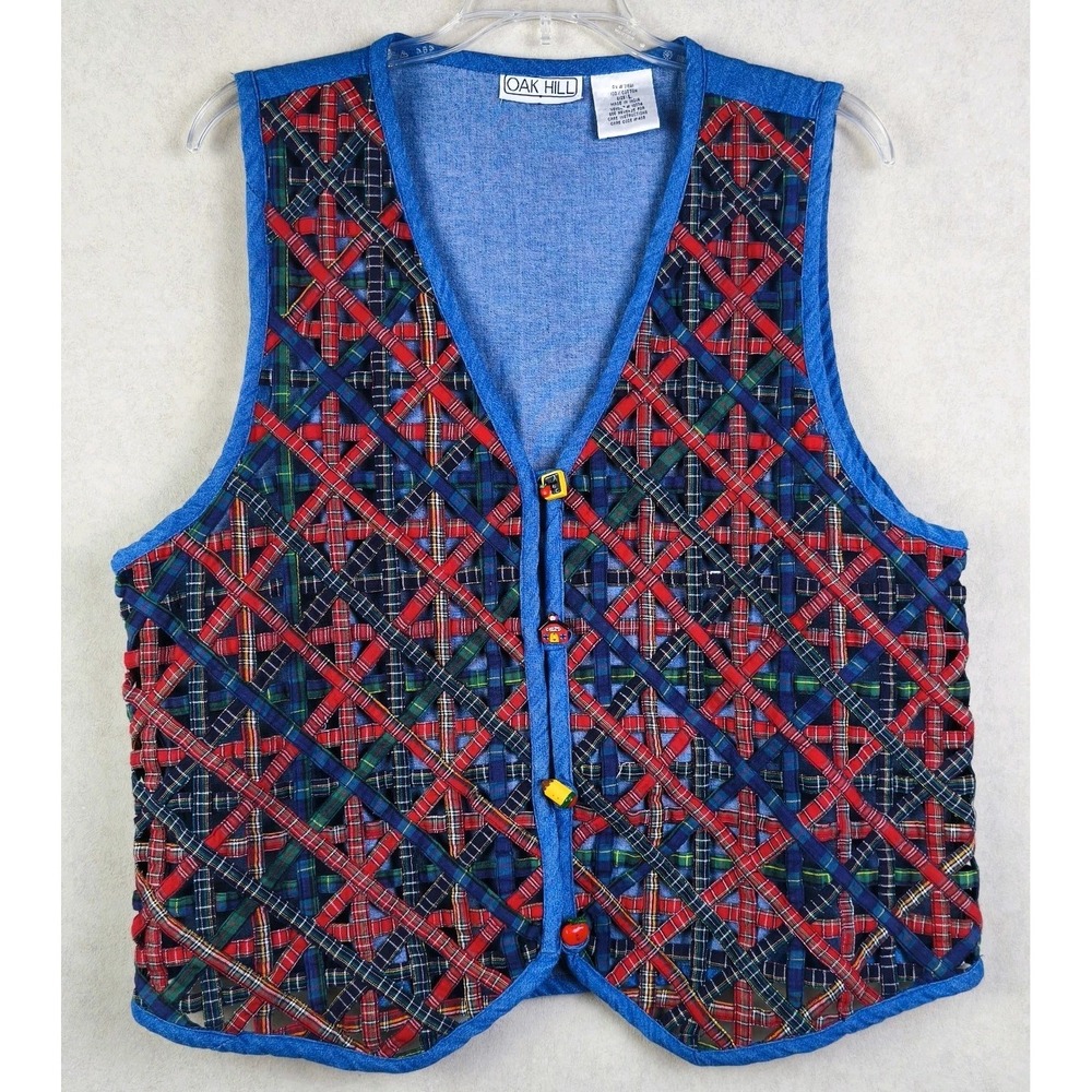 Vintage Oak Hill Patchwork Plaid Vest Apple Buttons Teacher Core Women's L